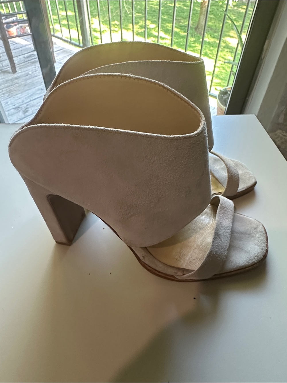 42 GOLD Suede High Block Heel Slides in Light Taupe